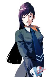 Rule 34 | 1girl, atlus, belt, belt buckle, blue necktie, breasts, buckle, dated, facing viewer, gin&#039;oya, happy, high ponytail, jacket, kirishima eriko, large breasts, long hair, long sleeves, looking at viewer, matching hair/eyes, necktie, orange scarf, own hands clasped, own hands together, parted lips, persona, persona 1, ponytail, purple eyes, purple hair, scarf, school uniform, simple background, skirt, smile, solo, st. hermelin school uniform, standing, teeth, white background
