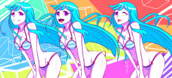 Rule 34 | 1girl, ;p, bikini, blue hair, breasts, cowboy shot, drooling, highres, large breasts, leaning forward, long hair, looking at viewer, me!me!me!, meme (me!me!me!), multiple persona, one eye closed, purple eyes, smile, strap gap, striped bikini, striped clothes, swimsuit, tongue, tongue out, v arms