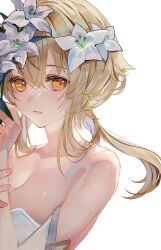 Rule 34 | 1girl, bare shoulders, blonde hair, breasts, cleavage, commentary, detached sleeves, flower, genshin impact, hair between eyes, hair flower, hair ornament, hands up, highres, holding, holding flower, long hair, looking at viewer, lumine (genshin impact), medium breasts, orange eyes, parted lips, samo cha, simple background, solo, upper body, white background, white flower, white sleeves
