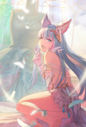 Rule 34 | 1girl, ;o, aile/koushi, animal ears, arm support, backless outfit, bare shoulders, barefoot, blunt bangs, breasts, dress, elbow gloves, erune, feathers, gloves, granblue fantasy, grey eyes, hair ornament, korwa, long hair, looking at viewer, medium breasts, one eye closed, silver hair, solo, yawning