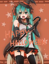Rule 34 | 1girl, bad id, bad pixiv id, cane, elbow gloves, fang, garter straps, gloves, green eyes, green hair, halloween, happy halloween, hat, hatsune miku, long hair, matching hair/eyes, necktie, open mouth, orange background, saihate (saihate d3), skirt, solo, start, thighhighs, twintails, very long hair, vocaloid, witch hat