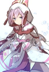 Rule 34 | 10s, 1girl, alternate costume, blue eyes, commentary request, dress, expressionless, fur trim, highres, hood, hoodie, kantai collection, layered dress, long sleeves, looking at viewer, pink hair, ribbon, shiranui (kancolle), short hair, simple background, solo, takeshima eku, white background