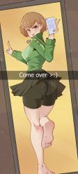 Rule 34 | 1girl, absurdres, aidan core, ass, barefoot, bike shorts, cellphone, feet, from behind, heart, heart-shaped pupils, highres, mirror, persona, persona 4, phone, satonaka chie, selfie, smartphone, solo, sweater, symbol-shaped pupils, tomboy, tongue, tongue out, turtleneck, turtleneck sweater