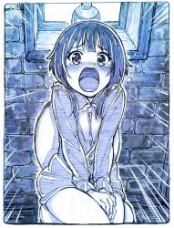 Rule 34 | 10s, 1girl, blouse, blue theme, blush, bottomless, breasts, brick wall, covering privates, covering crotch, d:, embarrassed, flying teardrops, highres, indoors, kono subarashii sekai ni shukufuku wo!, legs together, long sleeves, looking at viewer, megumin, monochrome, nose blush, open mouth, sakino shingetsu, shirt, short hair, sitting, solo, tareme, tears, toilet, toilet use, traditional media, v arms, walk-in, window
