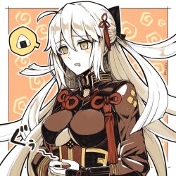 Rule 34 | 1girl, ahoge, aruti, breasts, center opening, drooling, fate/grand order, fate (series), food, hands on own stomach, highres, hungry, large breasts, limited palette, long hair, mouth drool, okita souji (fate), okita souji alter (fate), onigiri, twitter username