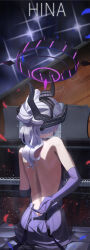 Rule 34 | 1girl, arm behind back, back, backless dress, backless outfit, bare back, bare shoulders, blue archive, character name, demon horns, demon wings, dress, elbow gloves, from behind, gloves, grand piano, grey hair, halo, highres, hina (blue archive), hina (dress) (blue archive), horns, instrument, median furrow, ne.corn, official alternate costume, piano, purple dress, purple gloves, sheet music, sitting, solo, wings