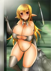 Rule 34 | 1girl, armor, ashling (no-plan), bare shoulders, bikini armor, blonde hair, blush, breasts, cleavage, curvy, elbow gloves, female focus, gloves, highres, huge breasts, long hair, looking at viewer, navel, original, pointy ears, red eyes, shiny skin, smile, solo, standing, thick thighs, thighs