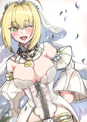 Rule 34 | 1girl, ahoge, blonde hair, blush, bodysuit, breasts, bridal veil, chain, cleavage, commentary request, cowboy shot, detached collar, detached sleeves, fate/grand order, fate (series), feathers, glint, green eyes, hair between eyes, hair intakes, hand on own hip, highres, large breasts, leaning to the side, leotard, lock, looking at viewer, nero claudius (bride) (fate), nero claudius (bride) (second ascension) (fate), nero claudius (fate), nero claudius (fate) (all), nero claudius (fate/extra), one eye closed, open mouth, padlock, saku (saku1151), simple background, smile, solo, sparkle, standing, strapless, upper body, veil, waist cape, white background, zipper, zipper pull tab