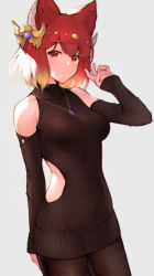 Rule 34 | 1girl, anthuria, bad id, bad pixiv id, black pantyhose, black sweater, blonde hair, breasts, brown sweater, clothing cutout, commentary request, cowboy shot, gradient hair, granblue fantasy, grey background, hair ornament, hand up, highres, jewelry, koretsuki azuma, long sleeves, looking at viewer, medium breasts, multicolored hair, necklace, pantyhose, red eyes, red hair, revision, short hair, shoulder cutout, simple background, solo, standing, sweater