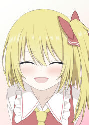 Rule 34 | 1girl, :d, ^ ^, absurdres, ascot, blonde hair, bow, close-up, closed eyes, commentary, facing viewer, flandre scarlet, frilled shirt collar, frills, hair between eyes, hair bow, happy, highres, long hair, no headwear, open mouth, red bow, red vest, side ponytail, simple background, smile, solo, straight hair, szl, touhou, vest, weapon, white background, yellow ascot