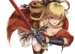 Rule 34 | 10s, 1girl, bare shoulders, belt, black bow, black thighhighs, blonde hair, bow, breasts, brown thighhighs, cleavage, cowboy shot, detached sleeves, dress, eredhen, frilled skirt, frills, gauntlets, gloves, granblue fantasy, hair bow, highres, holding, holding sword, holding weapon, long hair, looking at viewer, medium breasts, purple ribbon, red dress, red eyes, ribbon, sidelocks, simple background, skirt, smile, solo, sword, thighhighs, vira (granblue fantasy), weapon, white background