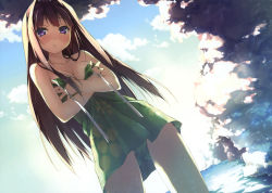 Rule 34 | 1girl, absurdres, ayase sayuki, bare shoulders, black hair, blush, breast hold, breasts, casual one-piece swimsuit, cleavage, crossed arms, day, green one-piece swimsuit, highres, kantoku, long hair, medium breasts, one-piece swimsuit, outdoors, purple eyes, solo, swimsuit, wading, wardrobe malfunction, water, your diary