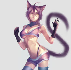 Rule 34 | 1girl, ahoge, alternate color, animal ears, between fingers, black gloves, blue thighhighs, breasts, cat ears, cat tail, cleavage, cowboy shot, creatures (company), crop top, ecat, fangs, game freak, gen 5 pokemon, gloves, green eyes, grey background, hair between eyes, hair ornament, hairclip, highleg, highleg panties, holding, large breasts, looking away, midriff, navel, nintendo, panties, parted lips, personification, pokemon, purple hair, purple panties, purple scarf, purple shorts, purrloin, scarf, shade, shiny skin, shorts, simple background, solo, stomach, tail, tank top, thighhighs, underboob, underwear, weapon, yellow eyes