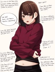 Rule 34 | 1girl, absurdres, black pants, black shirt, blush, bob cut, brown background, brown eyes, brown hair, earrings, english text, highres, jewelry, kapatarou, long sleeves, looking at viewer, nail polish, navel, open mouth, original, pants, red nails, red sweater, shirt, simple background, sleeves past wrists, solo, stud earrings, sweater, thick eyebrows, turtleneck, turtleneck sweater, twitter username, undressing