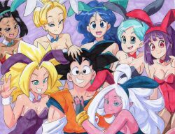 Rule 34 | 1boy, 6+girls, android 18, android 21, animal ears, black eyes, black hair, black nails, blonde hair, blue bow, blue bowtie, blue eyes, blue hair, bow, bowtie, bracelet, breasts, bulma, caulifla, cleavage, coat, collar, colored skin, detached collar, dragon ball, dragon ball fighterz, dragon ball super, dragonball z, earrings, fake animal ears, glasses, green eyes, grin, hairband, hand on another&#039;s head, harem, jewelry, kale (dragon ball), leotard, looking at viewer, lunch (dragon ball), matching hair/eyes, medium breasts, multiple girls, open mouth, pantyhose, pink skin, playboy bunny, purple hair, rabbit ears, red bow, red bowtie, red eyes, red leotard, ribbon, smile, son goku, strapless, strapless leotard, uri artsu, videl, w, white hair, wrist cuffs