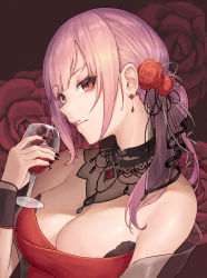 Rule 34 | 1girl, absurdres, alcohol, bare shoulders, black nails, breasts, cleavage, cup, drinking glass, earrings, flower, hair flower, hair ornament, highres, hololive, hololive english, hoshibudou, jewelry, large breasts, long hair, looking at viewer, mori calliope, mori calliope (party dress), nail polish, pink hair, red eyes, red flower, red rose, rose, solo, upper body, virtual youtuber, wine, wine glass