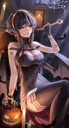 Rule 34 | 1girl, absurdres, bare shoulders, bat (animal), bat wings, black dress, black hair, blood, blush, breasts, candle, cleavage, dress, earrings, erbium, fang, fangs, fingerless gloves, gloves, hair ornament, hairband, halloween, highres, holding, holding weapon, jack-o&#039;-lantern, jewelry, large breasts, long hair, nail polish, pumpkin, red eyes, red nails, sidelocks, silk, solo, spider web, spy x family, thighs, tongue, tongue out, vampire, weapon, wings, yor briar
