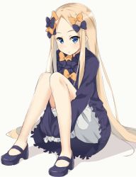 Rule 34 | 1girl, abigail williams (fate), bad id, bad pixiv id, black bow, black dress, black footwear, blonde hair, bloomers, blue eyes, blush, bow, bug, butterfly, closed mouth, commentary request, dress, fate/grand order, fate (series), forehead, full body, hair bow, highres, hugging own legs, insect, kohakope, long hair, long sleeves, looking at viewer, mary janes, no headwear, orange bow, parted bangs, shoes, sitting, sleeves past fingers, sleeves past wrists, solo, underwear, very long hair, white background, white bloomers