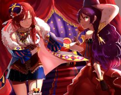 Rule 34 | 10s, 2girls, bow, bowing, crown, curtains, dress, flower, frilled legwear, fur trim, garter straps, gloves, green eyes, highres, junjun (kimi-la), love live!, love live! school idol festival, love live! school idol project, multiple girls, nishikino maki, one eye closed, outstretched arm, puffy short sleeves, puffy sleeves, purple eyes, purple hair, red hair, rose, short sleeves, smile, stairs, throne, tojo nozomi