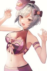 Rule 34 | 1girl, :d, arm strap, armpits, bare shoulders, black survival, bow, breasts, celine marie noel, claw pose, cleavage, crop top, eternal return: black survival, fang, gold trim, grey hair, gyogyog, hair bow, hands up, hat, highres, looking at viewer, medium breasts, midriff, multicolored hair, navel, official alternate costume, open mouth, purple shirt, shirt, short hair, sleeveless, sleeveless shirt, smile, solo, stomach, streaked hair, top hat, upper body