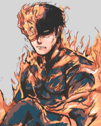 Rule 34 | 1boy, absurdres, agni (fire punch), black hair, burn scar, burning, burnt, fire, fire punch, flaming eye, grey background, highres, looking at viewer, nosebleed404, scar, short hair, simple background, solo, yellow eyes
