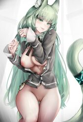 Rule 34 | 1girl, :p, absurdres, animal ear fluff, animal ears, arknights, bottomless, breasts, breasts out, cardigan, cat ears, cat tail, commentary request, cowboy shot, green eyes, green hair, grey cardigan, harmonie (arknights), highres, infection monitor (arknights), large breasts, long hair, long sleeves, looking at viewer, nipples, no bra, nopetroto, open cardigan, open clothes, pussy, pussy juice, pussy juice drip, solo, tail, thighs, tongue, tongue out, uncensored, very long hair