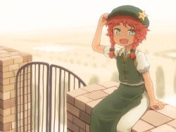 Rule 34 | 1girl, :d, alternate hair length, alternate hairstyle, aqua eyes, arm up, braid, brick wall, commentary, day, fang, gate, green hat, green vest, hand on headwear, hat, hong meiling, looking at viewer, open mouth, outdoors, pants, puffy short sleeves, puffy sleeves, red shirt, shirosato, shirt, short hair, short sleeves, smile, solo, star (symbol), touhou, twin braids, vest, white pants, white shirt