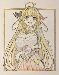 Rule 34 | 1girl, absurdres, ahoge, black jacket, blonde hair, blunt bangs, blush stickers, border, bow, braid, breast hold, breasts, brooch, cleavage, cleavage cutout, clothing cutout, collared shirt, colored pencil (medium), cowboy shot, crossed arms, dragon horns, fang, fuusuke (fusuke208), hairband, highres, hip vent, hololive, horn bow, horn ornament, horns, jacket, jewelry, kiryu coco, kiryu coco (1st costume), large breasts, long hair, looking at viewer, miniskirt, multicolored hair, open mouth, orange eyes, orange hair, photo (medium), pointy ears, red skirt, shirt, side braid, sidelocks, simple background, skirt, smile, solo, straight hair, traditional media, twitter username, two-tone hair, virtual youtuber, white background, white shirt