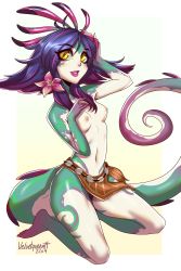 Rule 34 | 1girl, absurdres, arm up, artist name, barefoot, breasts, colored skin, flower, green skin, hair flower, hair ornament, hand up, highres, kneeling, league of legends, loincloth, looking at viewer, medium hair, multicolored hair, navel, neeko (league of legends), nipples, parted lips, pink flower, pink hair, pink lips, purple hair, sidelocks, small breasts, smile, solo, tail, teeth, topless, two-tone hair, velvet queen h, white background, yellow eyes