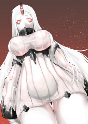 Rule 34 | 10s, 1girl, abyssal ship, bare shoulders, breasts, dame na hamu, detached sleeves, dress, dutch angle, covered erect nipples, glowing, glowing eyes, horns, kantai collection, large breasts, long hair, looking at viewer, pale skin, red eyes, ribbed dress, seaport princess, short dress, sideboob, single horn, sleeveless, sleeveless dress, solo, standing, very long hair, white hair