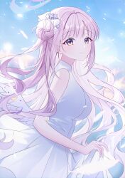 Rule 34 | 1girl, absurdres, angel wings, blue archive, blush, breasts, closed mouth, dress, feathered wings, flower, hair bun, hair flower, hair ornament, halo, highres, large breasts, long hair, looking at viewer, mika (blue archive), pink hair, pink halo, purple flower, revision, seno (senohime), single side bun, sleeveless, sleeveless dress, smile, solo, white dress, white wings, wing decorations, wings, yellow eyes