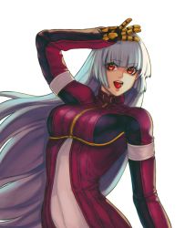 Rule 34 | 1girl, :d, absurdres, arm up, blue hair, bodysuit, breasts, commentary, cowboy shot, gloves, highres, ktovhinao, kula diamond, long hair, looking at viewer, medium breasts, open mouth, purple eyes, simple background, smile, solo, teeth, the king of fighters, the king of fighters xv, upper teeth only, white background, zipper