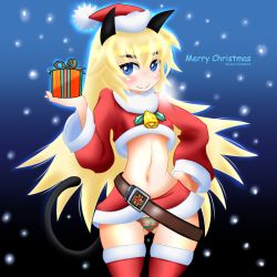 Rule 34 | 1girl, animal ears, belt, blonde hair, blue eyes, cat ears, cat tail, character name, christmas, cropped jacket, gift, green panties, hat, helma lennartz, highres, long hair, merry christmas, navel, panties, red panties, ruirui weiwei, santa hat, sketch, solo, strike witches, strike witches: suomus misfits squadron, striped clothes, striped panties, tail, underwear, world witches series, xiao rui rui