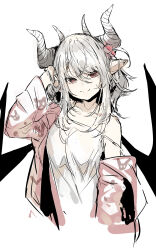 Rule 34 | 1girl, animal print, arm up, black wings, brown eyes, closed mouth, collarbone, commentary request, cropped torso, dress, grey hair, hair between eyes, highres, horns, jacket, long hair, off shoulder, open clothes, open jacket, original, pink jacket, pointy ears, print jacket, rabbit print, simple background, sleeveless, sleeveless dress, smile, solo, strap slip, upper body, white background, white dress, wings, yuuji (yukimimi)