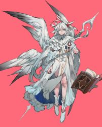 Rule 34 | book, chocolate (jitong), feathered wings, full body, grey eyes, highres, looking at viewer, medal, original, pink background, staff, white footwear, white hair, white wings, wings