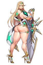 1girl aegis_sword_(xenoblade) ass bare_shoulders blonde_hair breasts chest_jewel cleavage cleavage_cutout clothing_cutout core_crystal_(xenoblade) dress earrings elbow_gloves floating_earring gem gloves gurimjang headpiece highres jewelry large_breasts long_hair looking_at_viewer microdress mythra_(xenoblade) smile solo swept_bangs tiara very_long_hair weapon xenoblade_chronicles_(series) xenoblade_chronicles_2 yellow_eyes