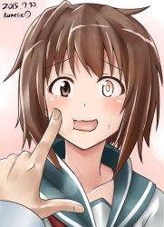Rule 34 | 10s, 1boy, 1girl, 2015, brown hair, cheek poking, dated, furutaka (kancolle), glowing, glowing eye, gradient background, heterochromia, kamelie, kantai collection, looking at viewer, md5 mismatch, poking, pov, resized, school uniform, short hair, signature, solo focus