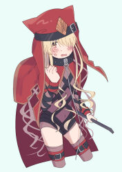 1girl 2022 20s anger_vein blonde_hair blush bondage_outfit brown_eyes crowbar flat_chest hat highres holding holding_weapon long_hair looking_at_viewer navel nun one_eye_covered open_mouth roruku sasha_kruschschev see-through_clothes solo standing thighhighs thighs toaru_majutsu_no_index weapon white_background