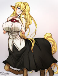 Rule 34 | 1girl, 2021, artist name, blonde hair, blue eyes, breasts, centaur, centorea shianus, commentary, dated, english commentary, grey background, large breasts, long hair, looking at viewer, mina cream, monster musume no iru nichijou, pointy ears, ponytail, simple background, skirt, sleeveless, solo, taur, watermark
