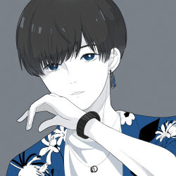 Rule 34 | 1boy, black hair, blue eyes, bright pupils, earrings, eyebrows hidden by hair, grey background, hawaiian shirt, highres, jewelry, looking at viewer, male focus, miko35, original, parted lips, shirt, short hair, simple background, solo, spot color, upper body, watch, white pupils, wiping face, wristwatch