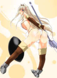 Rule 34 | 1girl, aquaplus, armor, ass, axe, bare shoulders, bent over, bikini, bikini armor, blonde hair, blue eyes, blush, boots, breasts, cleavage, fingerless gloves, from behind, gloves, hair between eyes, holding, holding axe, kusugawa sasara, large breasts, long hair, looking at viewer, manaka de ikuno!!, open mouth, sidelocks, sleeveless, solo, spread legs, swimsuit, thigh boots, thighhighs, thighs, to heart, to heart (series), to heart 2, to heart 2 dungeon travelers, very long hair, weapon, wet, yknumst