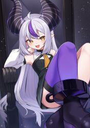Rule 34 | 1girl, ahoge, ankle cuffs, ascot, asymmetrical legwear, bare shoulders, boots, cuffs, demon girl, detached sleeves, grey hair, high heel boots, high heels, highres, hololive, horns, la+ darknesss, long hair, mismatched legwear, multicolored hair, nanana narang, neckerchief, open mouth, pointy ears, purple hair, purple thighhighs, single thighhigh, sleeveless, slit pupils, solo, streaked hair, thighhighs, very long hair, virtual youtuber, yellow ascot, yellow eyes