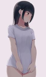 Rule 34 | 1girl, black hair, blush, brown eyes, closed mouth, embarrassed, highres, hiroki (yyqw7151), looking to the side, naked shirt, original, pink background, shirt, short sleeves, simple background, solo, t-shirt, thighs, white shirt