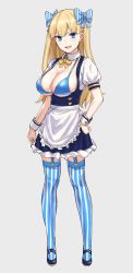 Rule 34 | 1girl, :d, apron, bikini, blonde hair, blue bikini, blue eyes, blush, bow, breasts, cleavage, full body, garter straps, hair bow, hand on own hip, large breasts, lina (michihasu), long hair, looking at viewer, michihasu, open mouth, original, simple background, smile, solo, standing, striped clothes, striped thighhighs, swimsuit, teeth, thighhighs, two side up, vertical-striped clothes, vertical-striped thighhighs, wrist cuffs