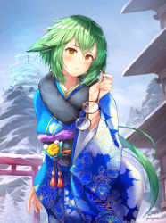 Rule 34 | 1girl, alternate costume, animal ears, architecture, blurry, cat ears, cat girl, commentary, depth of field, east asian architecture, english commentary, unworn eyewear, fur scarf, genshin impact, glasses, green hair, hair between eyes, highres, japanese clothes, kimono, long hair, long sleeves, looking at viewer, low ponytail, mountain, new year, obi, obiage, parted lips, rizihike, sash, shrine, sidelocks, snow, solo, sucrose (genshin impact), torii, wide sleeves, yellow eyes