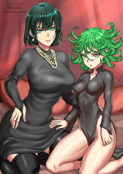 Rule 34 | 2girls, black dress, black hair, breasts, commentary request, covered navel, dress, earrings, fubuki (one-punch man), giovanni zaccaria, green eyes, green hair, hand on another&#039;s thigh, hand on own hip, jewelry, large breasts, long sleeves, looking at viewer, medium breasts, multiple girls, necklace, one-punch man, pearl necklace, short hair, siblings, sisters, smile, tatsumaki