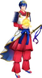 Rule 34 | 1boy, androgynous, armor, artist request, blue hair, check commentary, commentary request, diadem, hair between eyes, holding orb, japanese armor, japanese clothes, jewelry, katana, male focus, necklace, obi, personification, samurai, sash, sword, tagme, tassel, transparent background, wat, weapon, world flags, yellow eyes