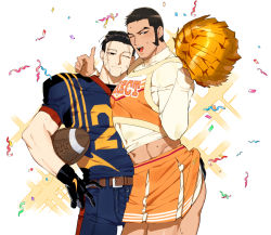 Rule 34 | 2boys, :d, ass grab, ball, beard, black hair, blue pants, blush, brown eyes, buzz cut, cheerleader, clothes lift, confetti, contemporary, contrapposto, cowboy shot, facial hair, golden kamuy, heads together, koooogasya, long sideburns, looking at viewer, male focus, midriff, multiple boys, muscular, muscular male, navel, ogata hyakunosuke, one eye closed, open mouth, orange skirt, pants, pectorals, rugby ball, rugby uniform, short hair, sideburns, simple background, skirt, skirt lift, smile, sportswear, stubble, sweatdrop, tanigaki genjirou, thick eyebrows, thick thighs, thighs, very short hair, yaoi