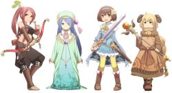 Rule 34 | 4girls, arrow (projectile), belt, blonde hair, blue hair, blush, boots, bow, bow (weapon), breasts, brown eyes, brown hair, cape, dress, feathers, frown, green eyes, hairband, hat, horns, itou (mogura), long hair, midriff, multiple girls, navel, open mouth, original, pants, ponytail, red eyes, red hair, sheath, short hair, simple background, smile, sword, thighhighs, very long hair, wand, weapon, white background, yellow thighhighs