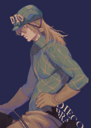 Rule 34 | 1boy, absurdres, blonde hair, blue eyes, bow, character name, diego brando, gloves, hand on own hip, hat, hat bow, hat ornament, helmet, highres, jojo no kimyou na bouken, long hair, looking at viewer, male focus, nezumi (tuboshu2013), pants, patterned clothing, pectorals, reins, solo, sweater, turtleneck, turtleneck sweater, work gloves